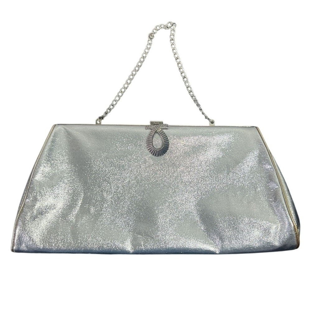 Elegant Silver Metallic Clutch Bag with Chain Strap Evening Handbag Prom Wedding